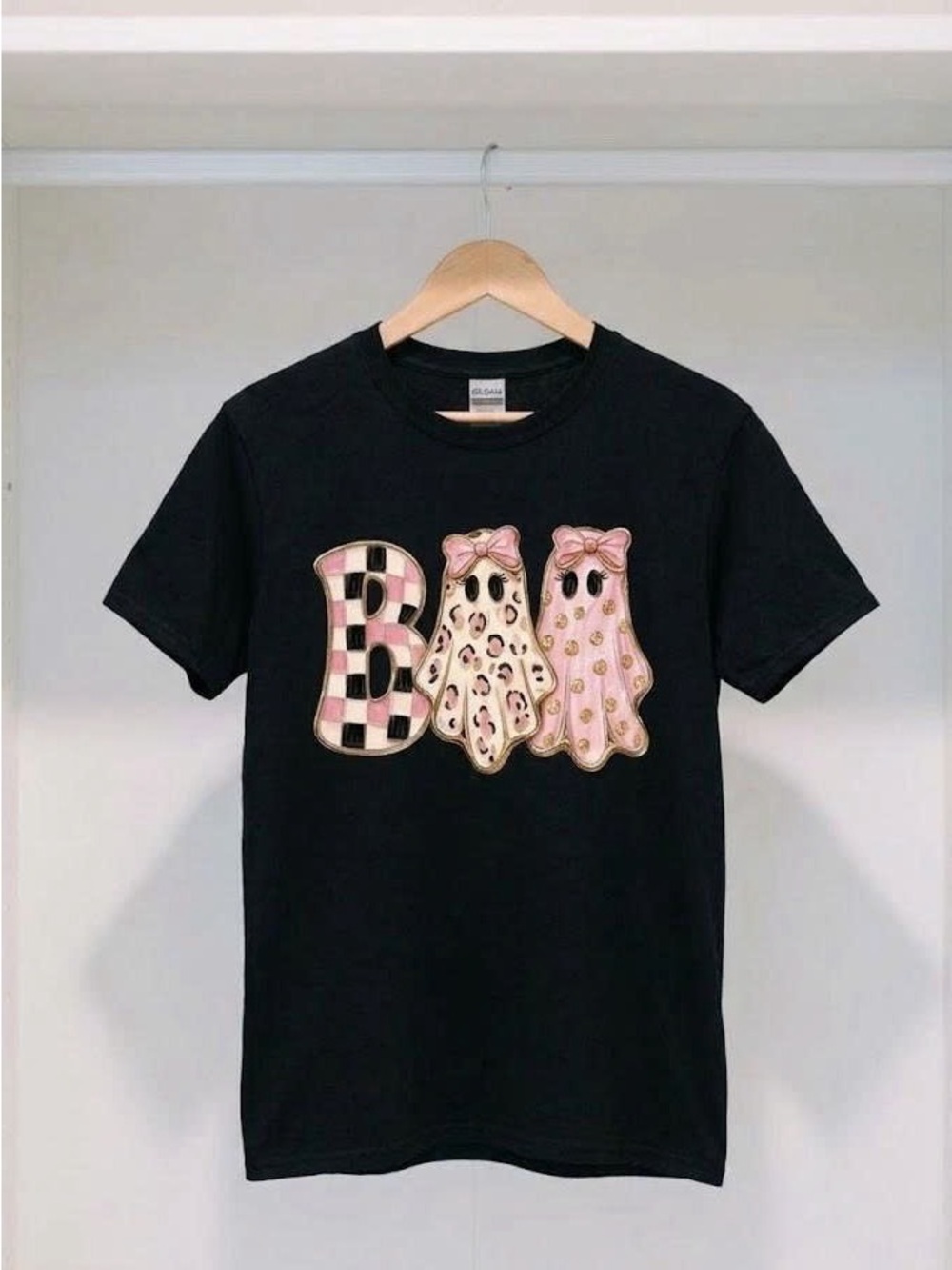 Pink Ghost BOO T-Shirt Cute Coquette Halloween Bow Graphic Tee Black